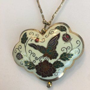 Cloisonne Butterfly Heart Gold Trim Necklace with Gold Tone Chain  Vintage!